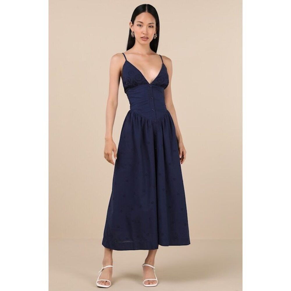 Lulus Zahrah Navy Eyelet Embroidered Button-front Midi Dress Blue - Size S